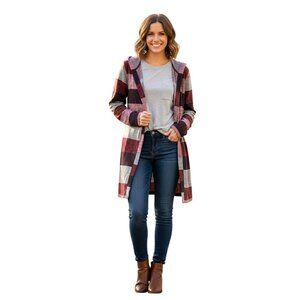 True Self Plaid Hooded Open-Front Cardigan Sweater Womens XL Burgundy/Gray